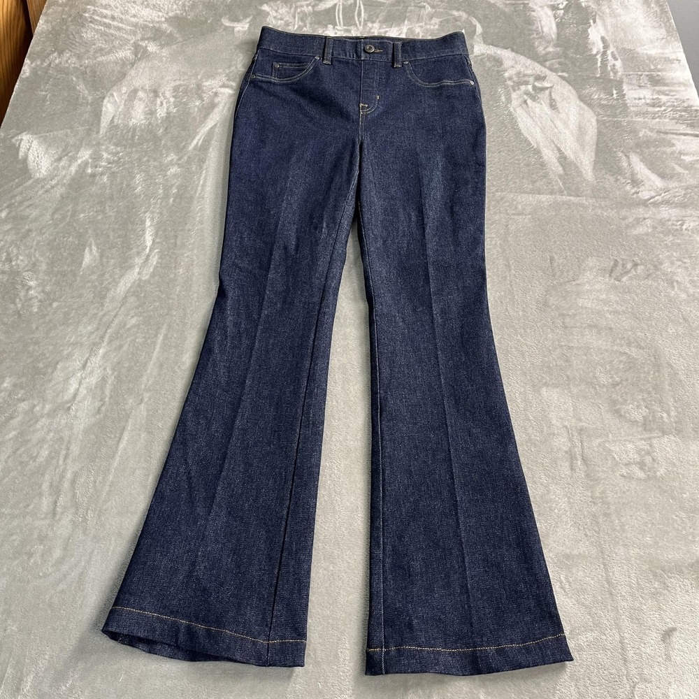Spanx Jeans Womens M Blue Dark Wash Mid Rise Flare 5 Pocket Denim Pants 49566